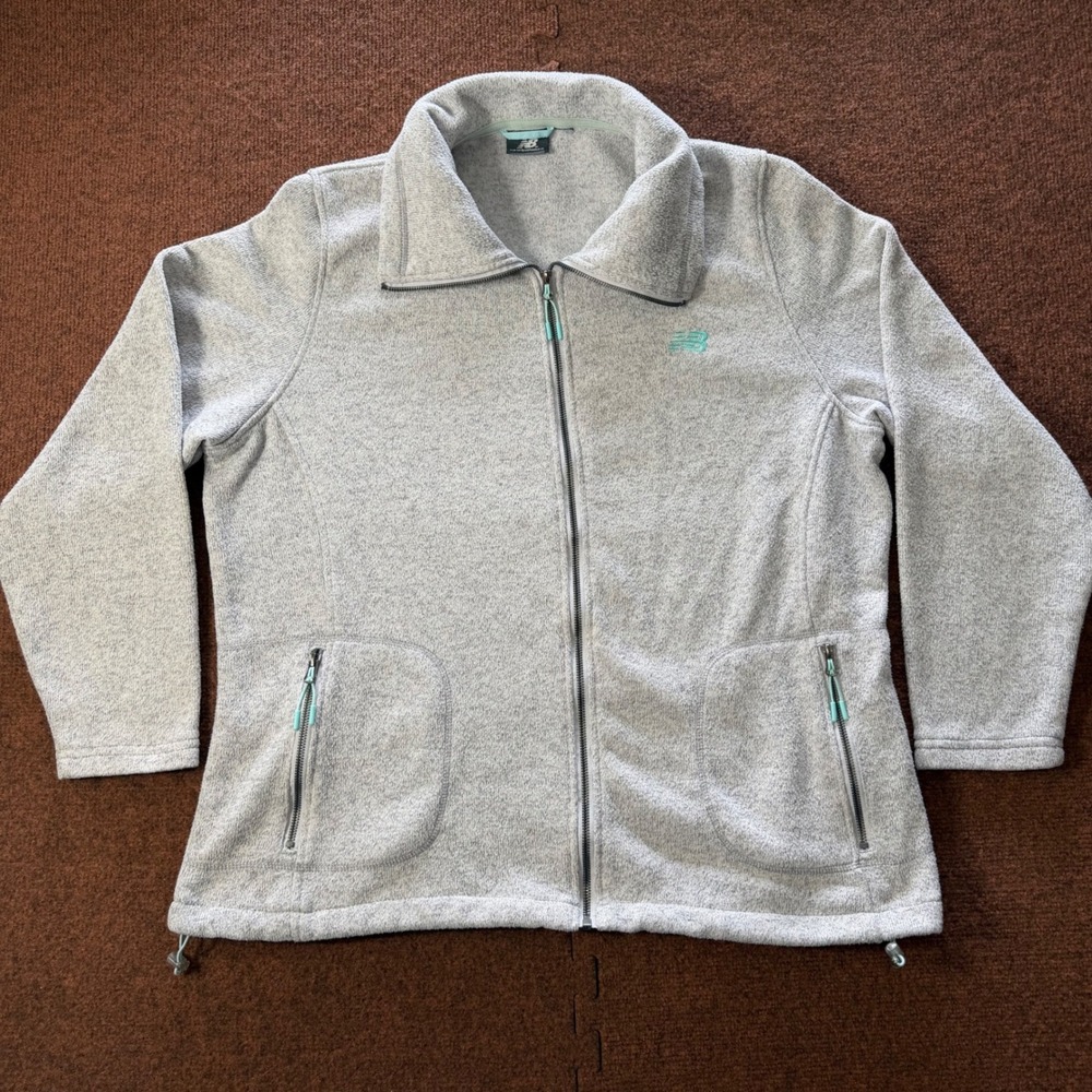 New Balance Womens Full Zip Fleece Jacket Gray Teal Mock Neck Pockets Size XL